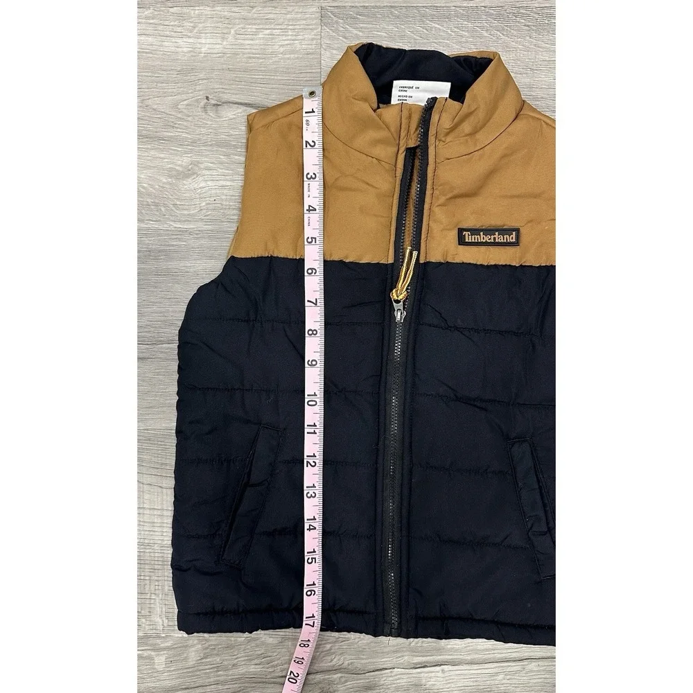 Timberland Vest Youth 4T Black Tan Puffer Quilted Pockets Two-Tone Full Zip READ